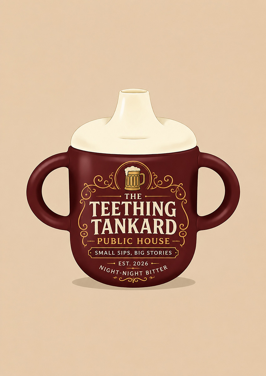 Artwork of a brown baby bottle styled as a classic pub sign titled The Teething Tankard
